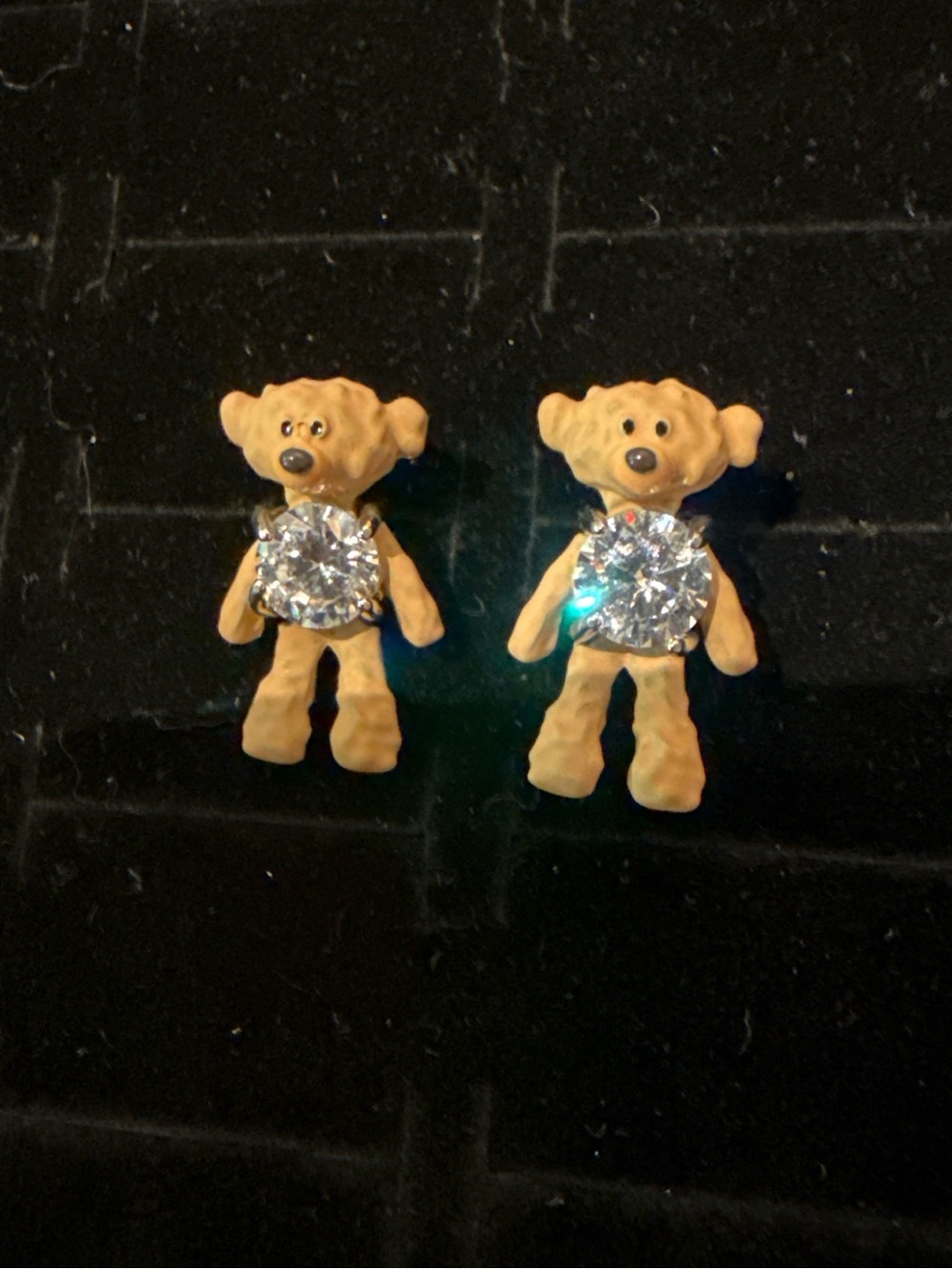 Teddy Bear Crystal Stud Earrings - Beige and Clear